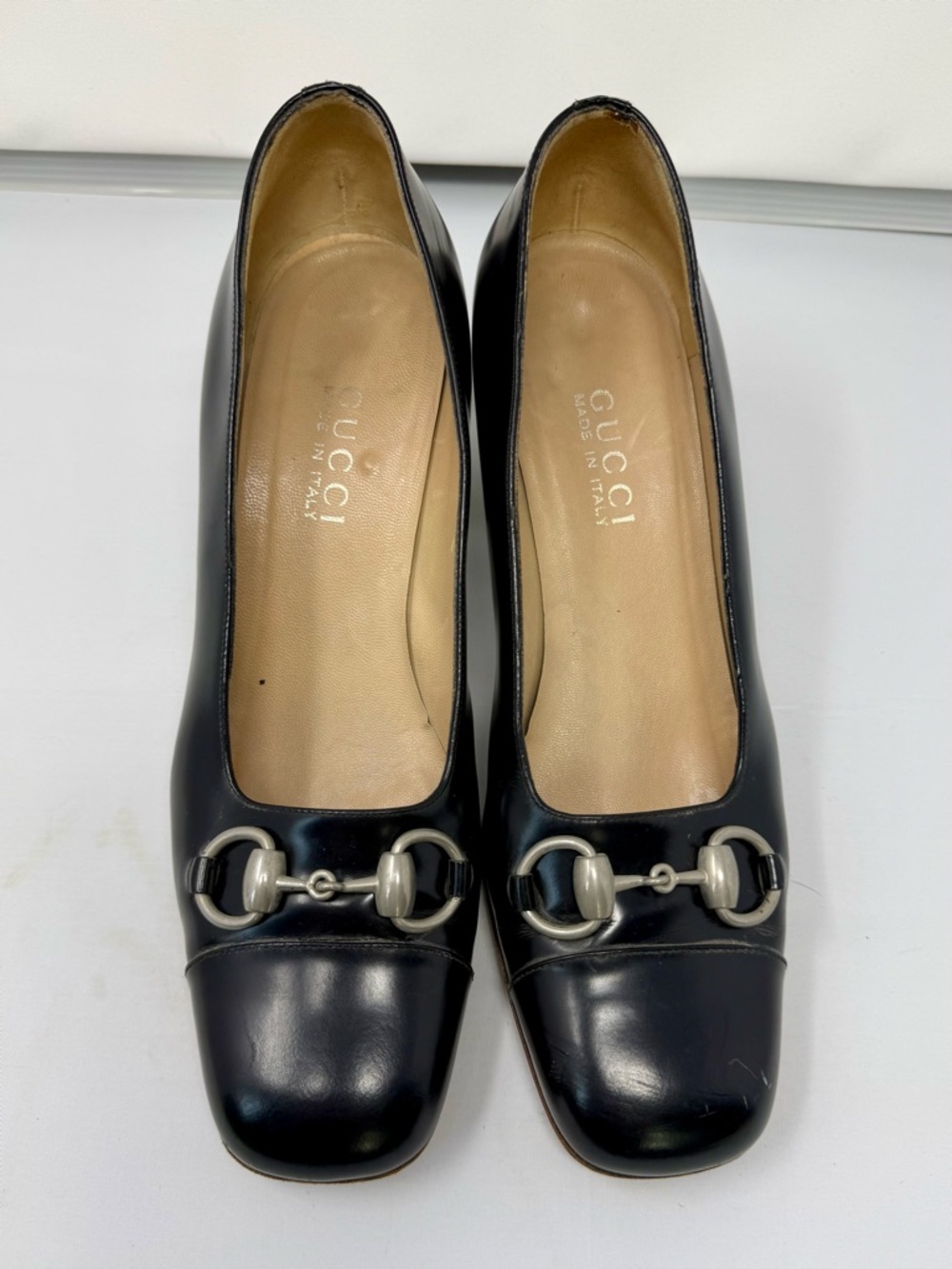 Gucci Black Leather Block Heel Pumps with Silver Horsebit